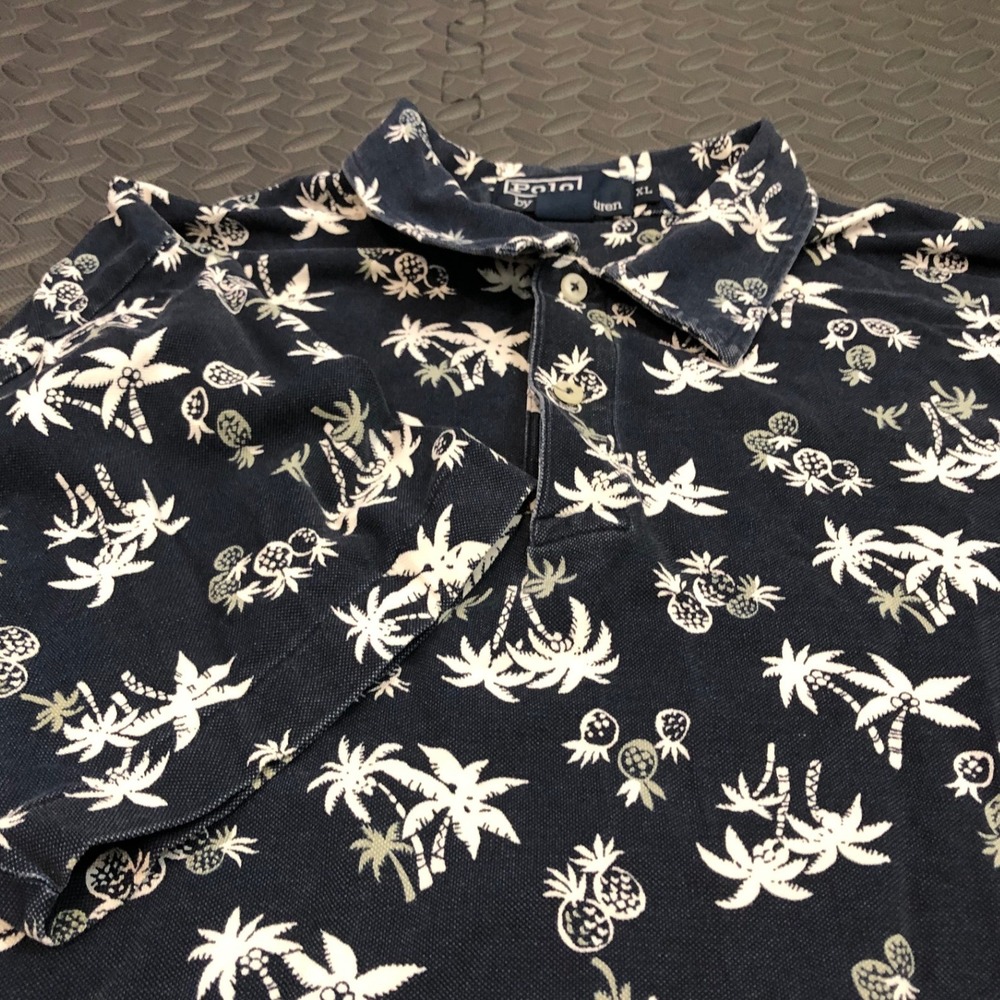 Polo Ralph Lauren Polo Shirt Mens XL Navy Blue Palm Tree Pineapple Print Cotton